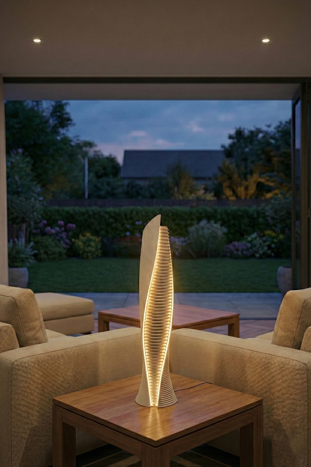 The Aevum | Architectural Light Tower A vertical, stone-textured light sculpture with twisted vertical ribs and a warm internal glow, standing as a focal point in a contemporary Australian living room at dusk.