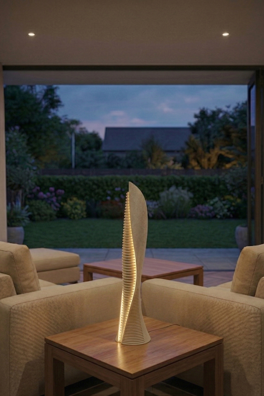 A tall, hand-cast mineral monolith with a spiraling ribbed geometry, the Aevum light tower radiates a soft, diffused amber glow from its internal opaline core, creating a centerpiece of visual silence.