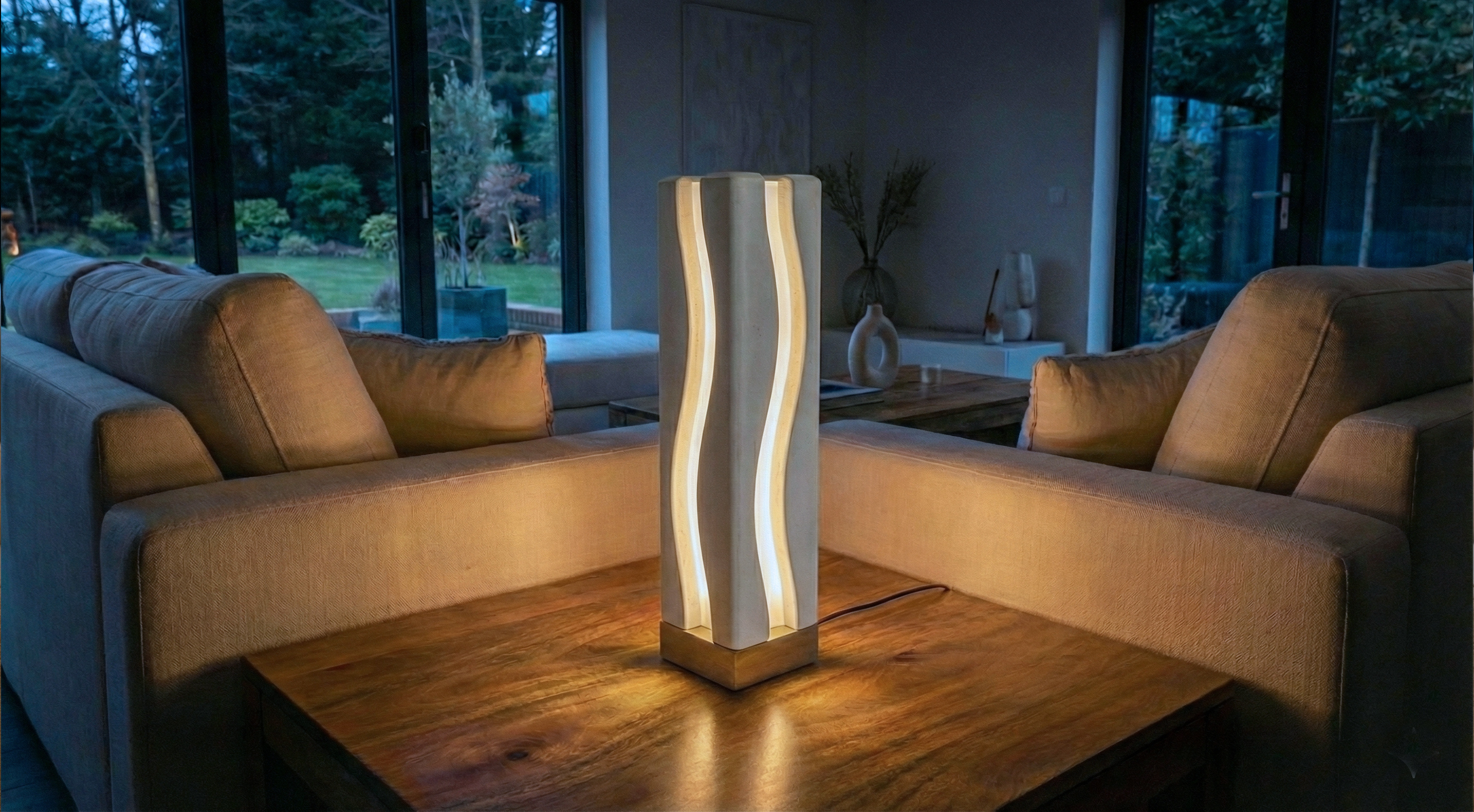 A detailed profile view of the Ora Light Pillar by Teroli Design, Sydney. The translucent mineral composite showcases a rhythmic wave-form geometry that diffuses a soft, warm glow. Hand-finished and anchored by a solid Australian hardwood base for a minima