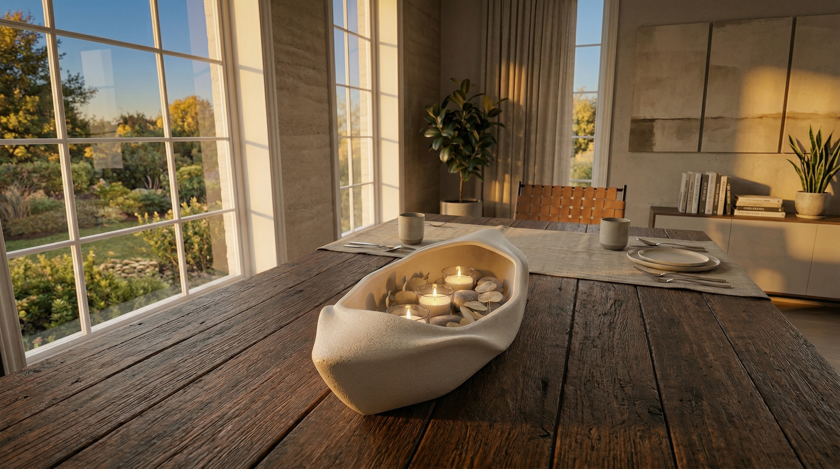 A wide-angle landscape of the Dhow sculptural mineral stone centerpiece by Teroli Design, featuring organic G3 curves and lit candles on a weathered wood dining table in a minimalist Sydney sanctuary during golden hour.