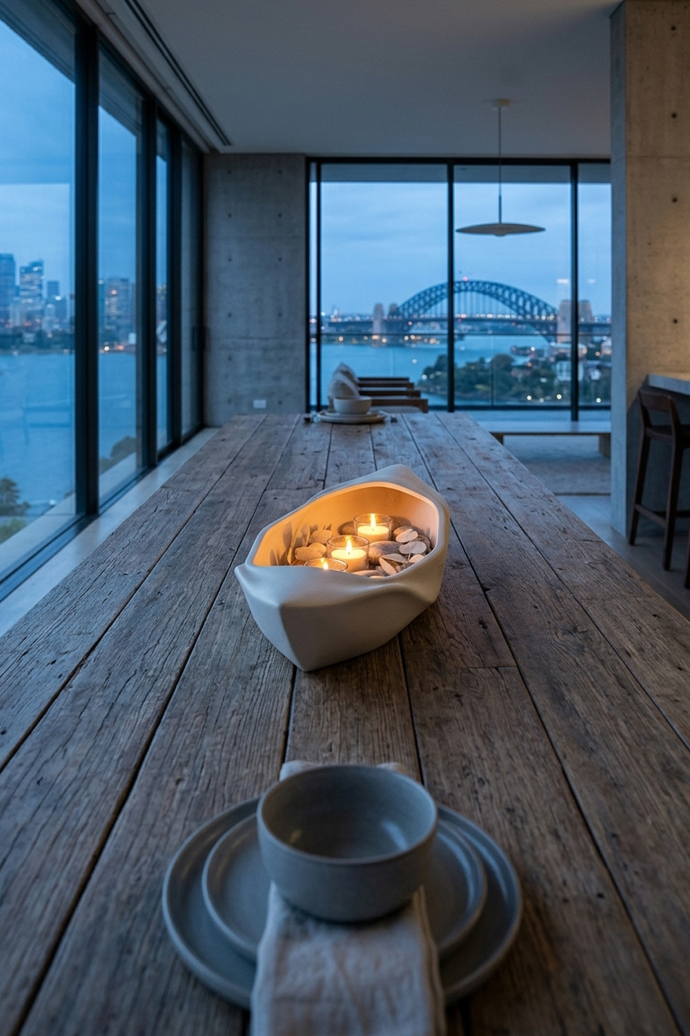 The Dhow Sculptural Centerpiece - Teroli Design Sydney Close-up of the Dhow sculptural mineral stone centerpiece by Teroli Design, featuring organic curves and lit tea light candles among river stones, styled on a dark timber sideboard in a minimalist interior.
